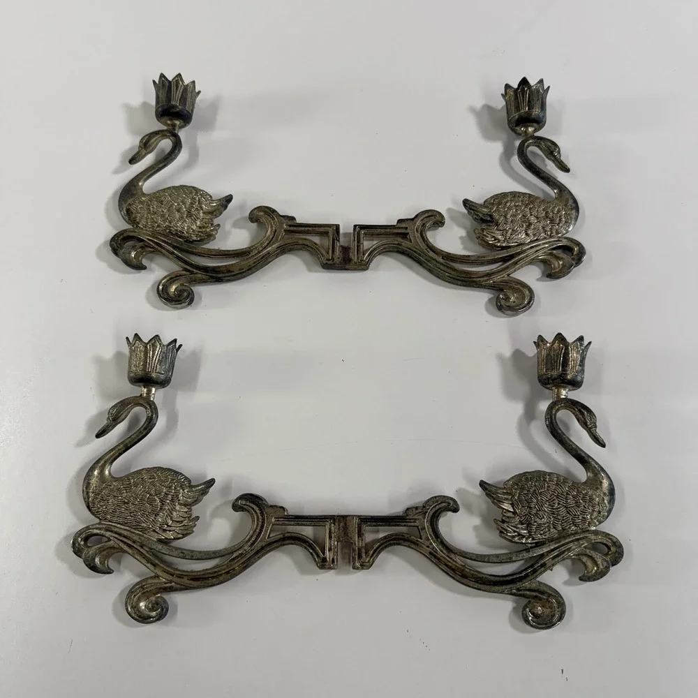 Vintage Silver Plated Swan Candle Stick Holder Wall Mounted Ornate Set Of 2